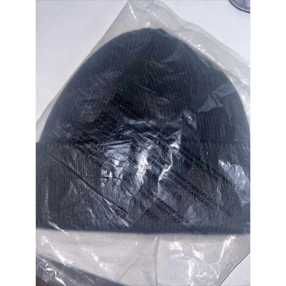 Adidas Womens Beanie Script Cuff Fold Black Hat Cap White Cursive‎ Logo NEW NWT